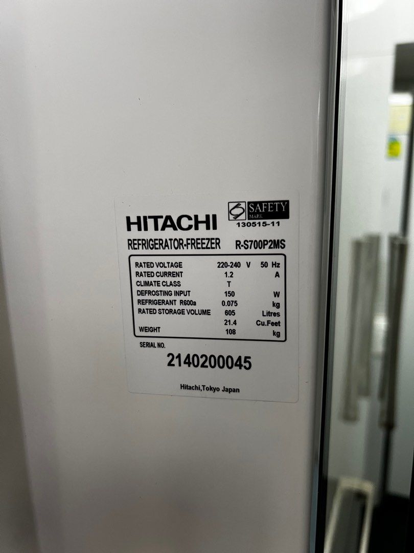 Hitachi Side by side door fridge, TV & Home Appliances, Kitchen