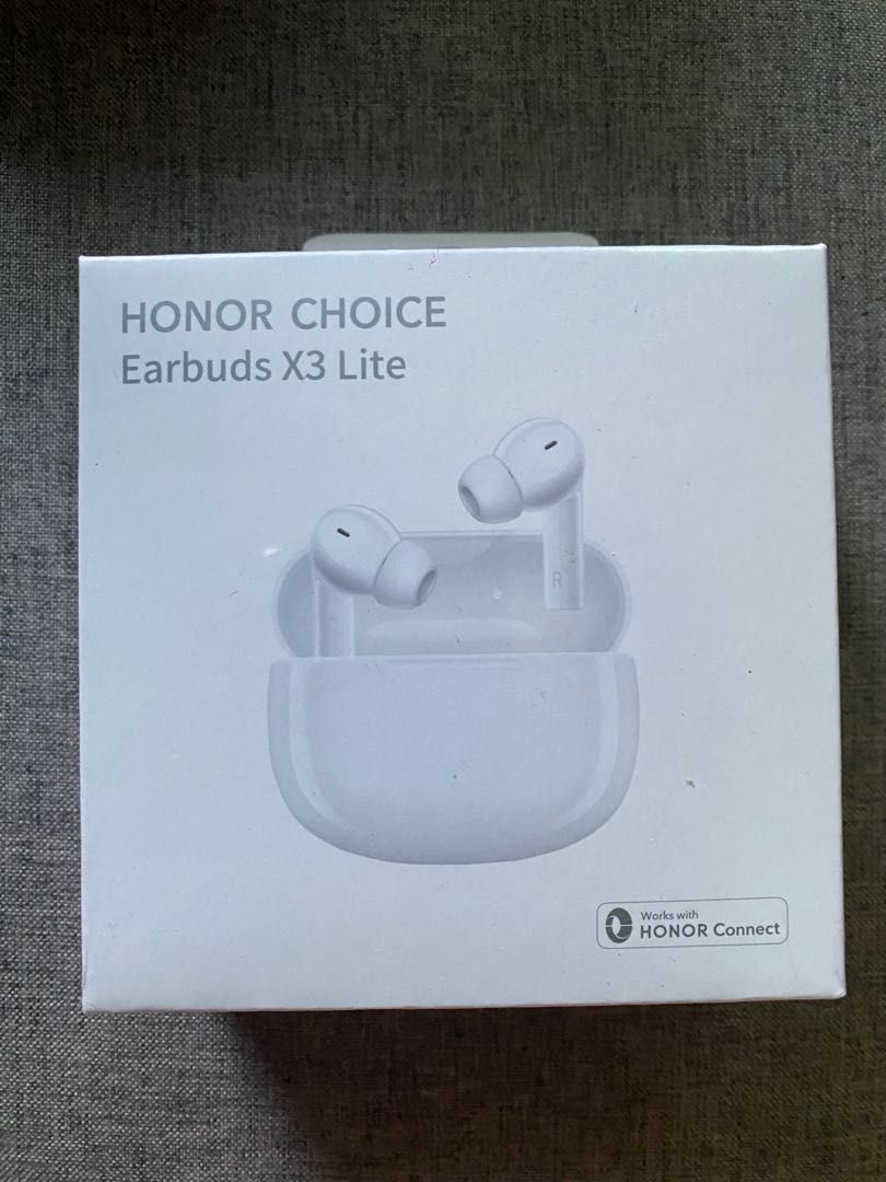 HONOR CHOICE Earbuds X3 Lite, ORIGINAL! (Category: Earphones) located in Quezon City. Submitted by jeckmarj (Listing ID 1227505794, Image 1). Description: HONOR CHOICE Earbuds X3 Lite Brand new, sealed box 28 Hours long battery life Dual device connection Quality speaker w/ powerful bass .