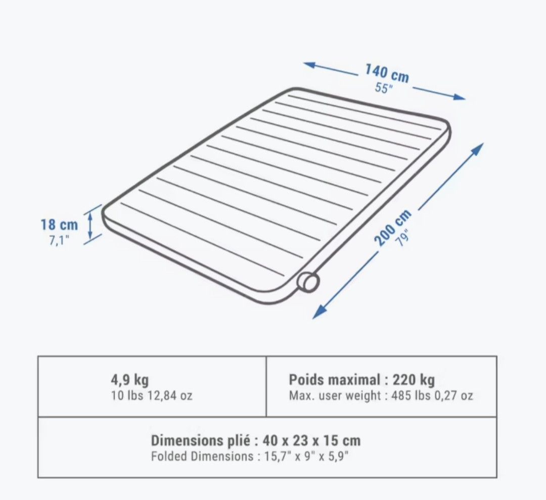Inflatable Camping Mattress Quechua for 2 pax (140cm) and 4L hand pump