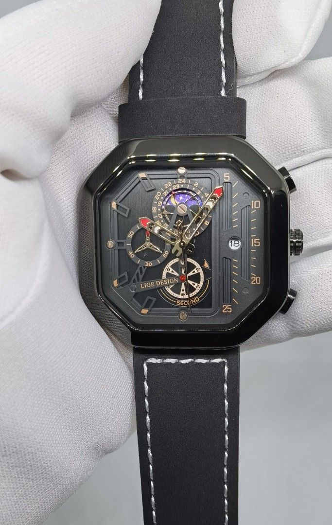 LIGE Men s Chronograph Watches Luxury High Quality Octagon Men