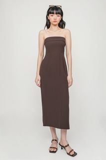 Missyempire leather look bandeau midi dress in chocolate