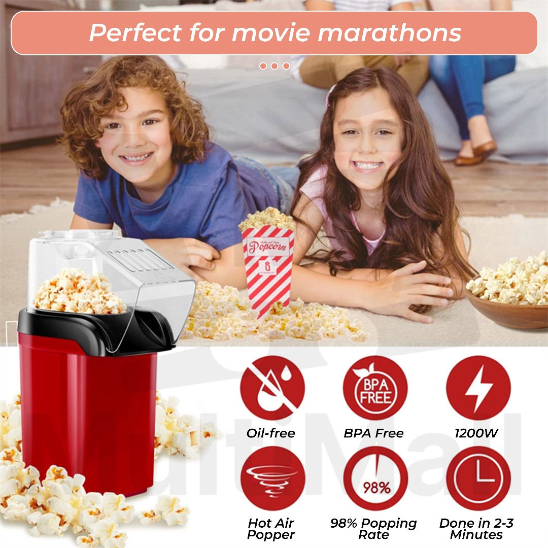 Mini Popcorn Machine Old Fashioned Popcorn Maker Movie Theater Style,1200W  Hot Air Popper Popcorn Maker,Tabletop Red Popcorn Popper,for Party Home  Theater,Free Measuring Cup 