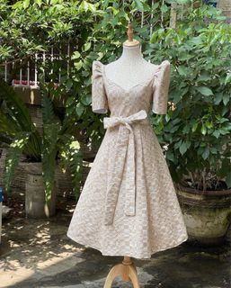 NUDE /BEIGE INABEL HANDWOVEN FILIPINIANA DRESS WITH BELT FOR RENT