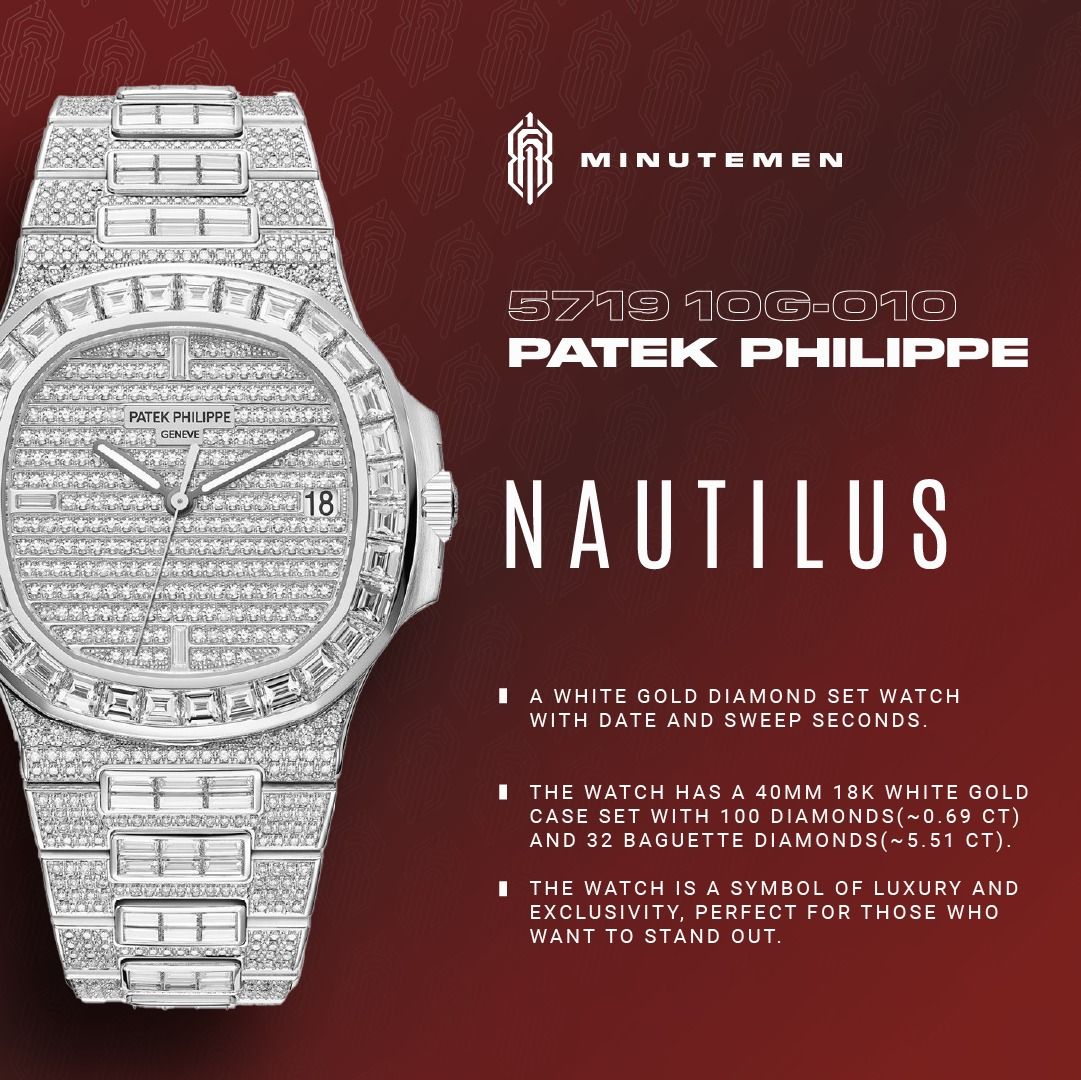 PATEK PHILIPPE Nautilus ( 5719 10G-010 ) (Category: Watches) located in Singapore. Submitted by minutemen1.618 (Listing ID 1227490272, Image 2). Description: Introducing the Patek Philippe Nautilus 5719/10G-010, the epitome of luxury and elegance. Crafted from 18K white gold and adorned with diamonds, this watch is a true masterpiece. With a diameter of 40mm and a thickness of 8.7mm, it is the perfect size for any wrist. The dial is also set with