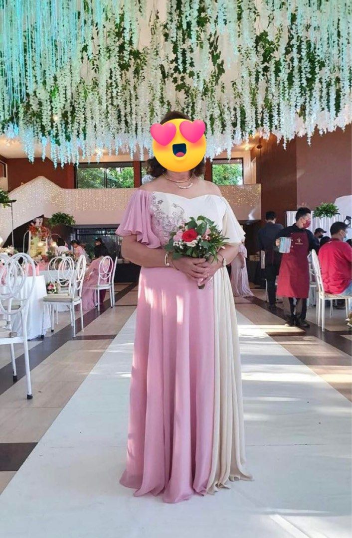Pink & Cream Off-Shoulder Gown (Category: Evening dresses & gowns) located in Imus. Submitted by hello.declutter.ph (Listing ID 1227427541, Image 1). Description: Bought from X boutique in Glorietta Original Price: Php 9,000 Used only once for her son’s wedding (Mother of the Groom) Size: XL to 2XL bust-line - 40” waistline - 36”.
