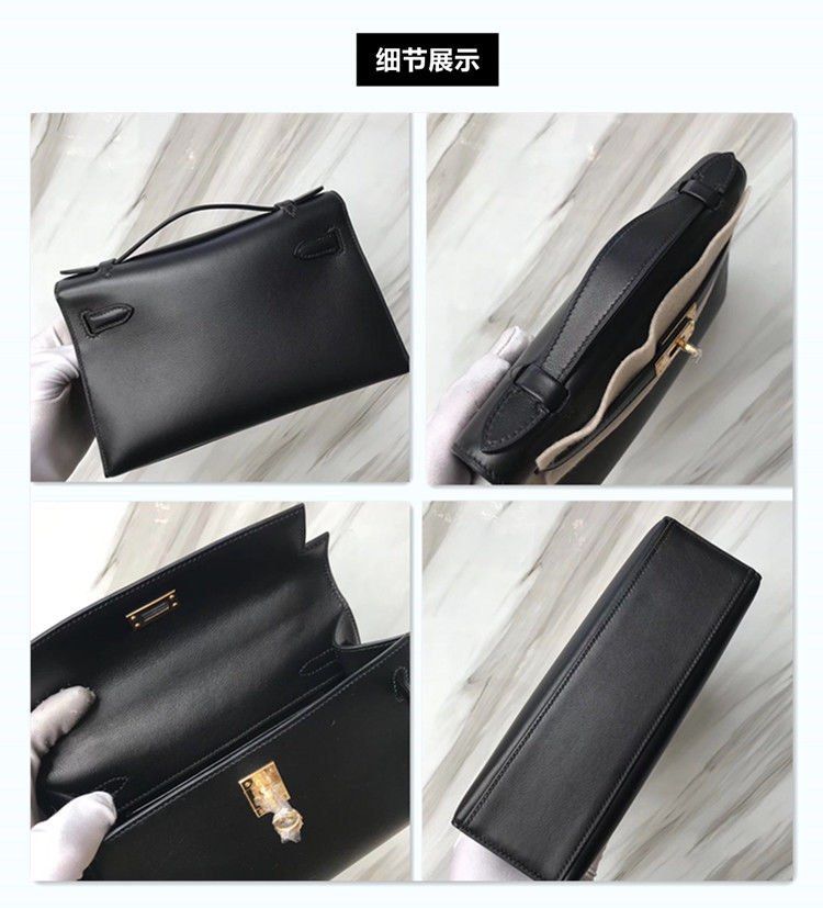 Replica Hermes Kelly Pochette Handmade Bag In Black Swift Calfskin