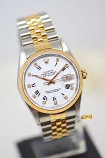 ROLEX OYSTER DATEJUST 36mm HALF-GOLD IN JUBILEE BRACELET WHITE DIAMOND ROMAN DIAL 16233 (QUICKSET-DATE) (MINT)