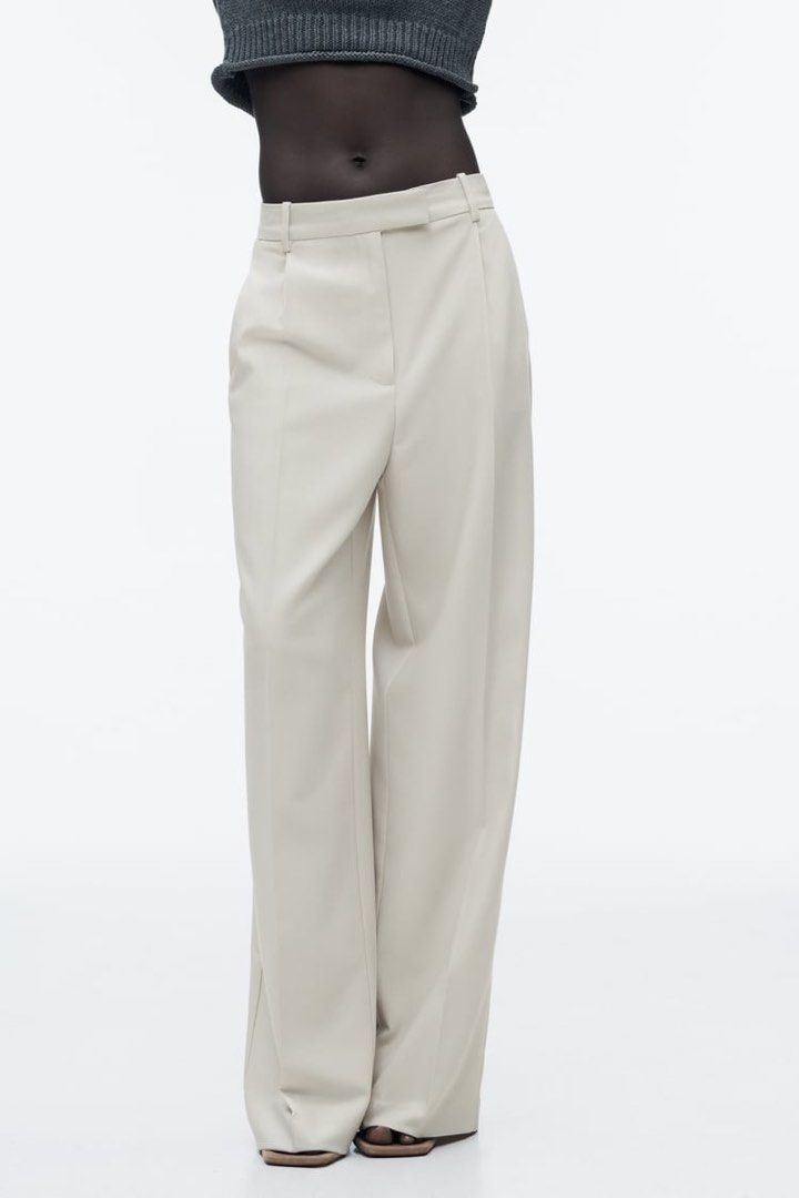 Zara Wide Leg Trousers with Darts in Oyster White, Women's Fashion,  Bottoms, Other Bottoms on Carousell