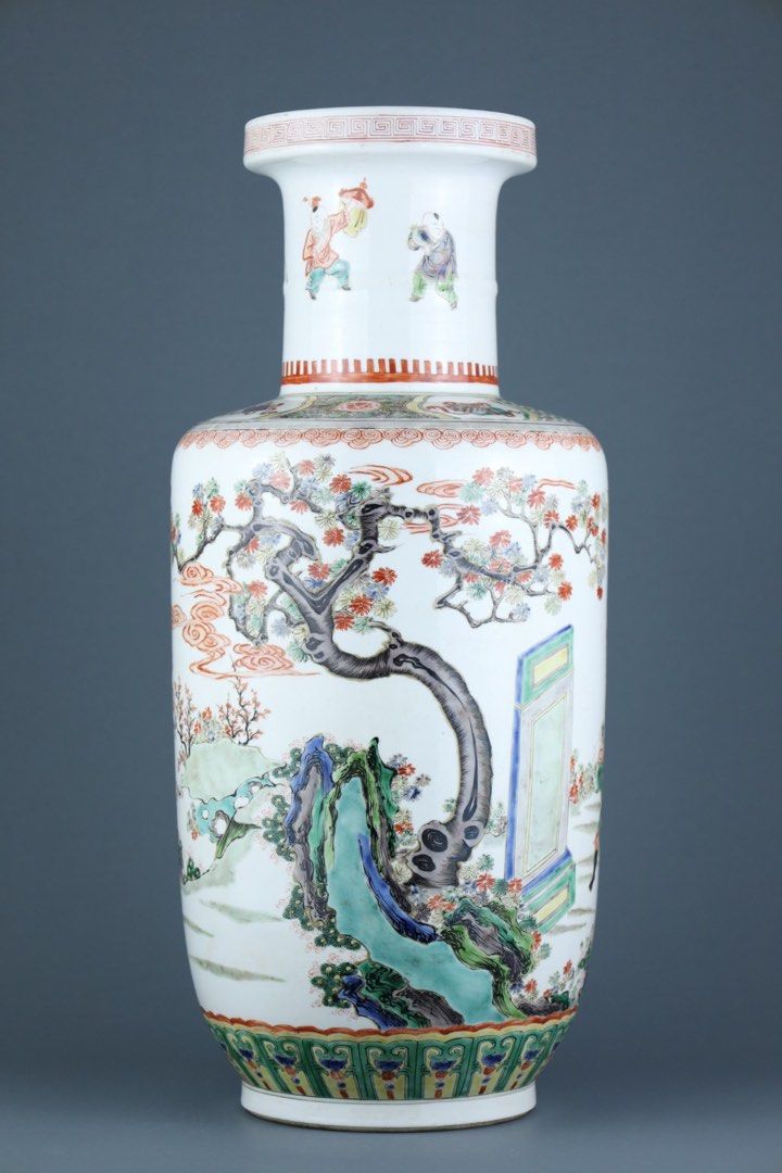 大清康熙年製 粉彩 人物故事紋花瓶 古董陶磁品 高44cm