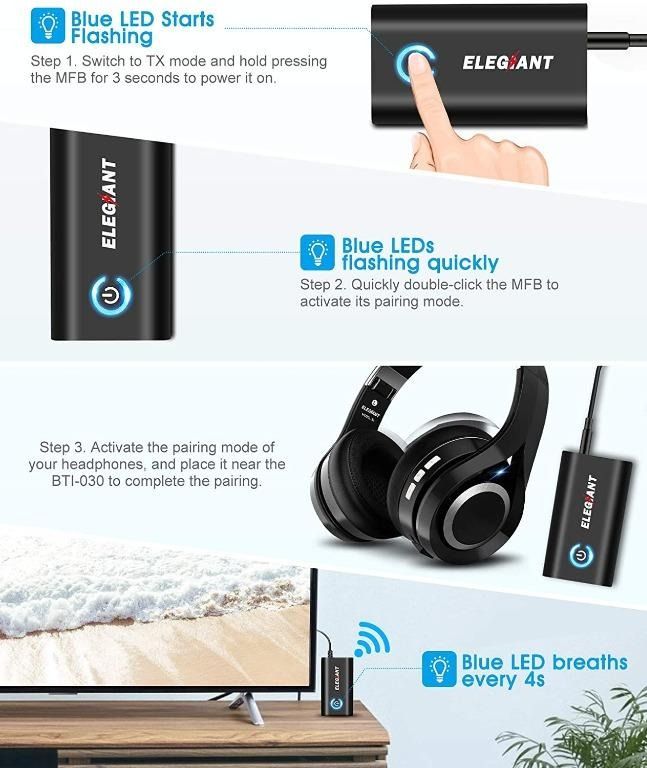 A062 ELEGIANT BTI 030 Wireless Audio Receiver Transmitter 2 in 1 Bluetooth Adapter with 3.5mm AUX Stereo Output Low Latency Pair with 2 Bluetooth