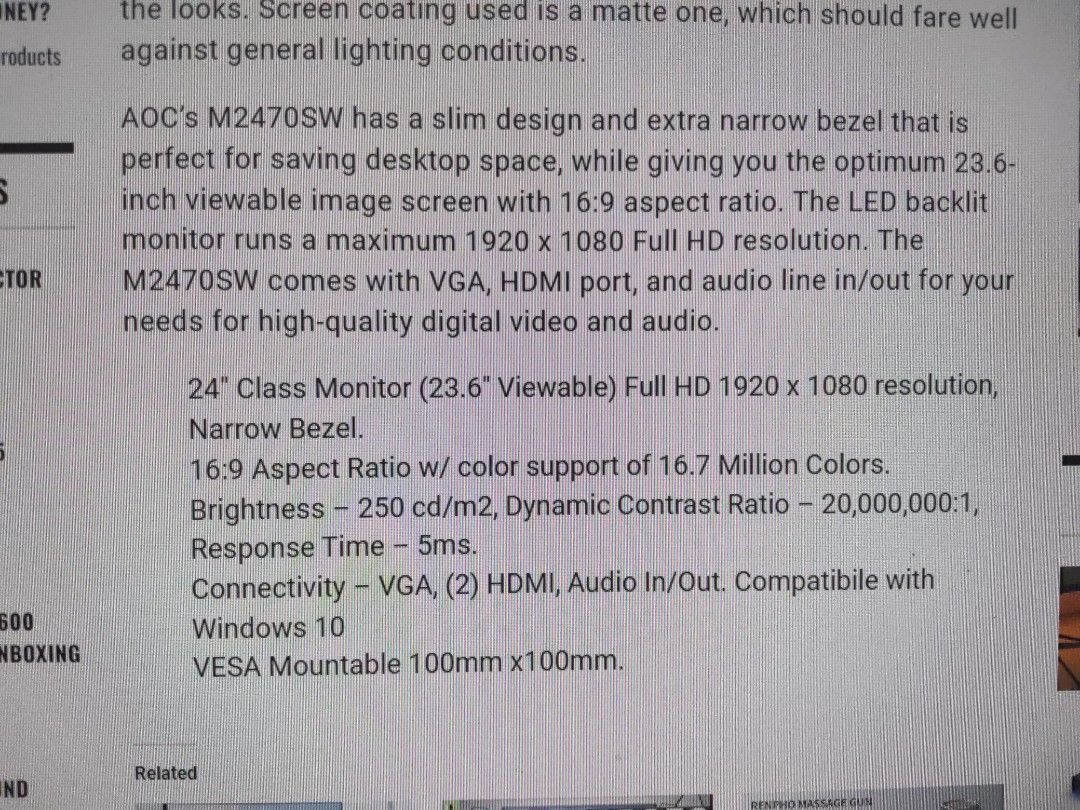 AOC M2470SW slim gaming monitor, Computers & Tech, Desktops on Carousell