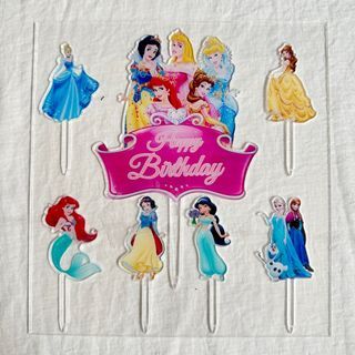 Disney Princess Snow White, Cinderella, Aurora, Ariel, Belle, Jasmine, Pocahontas, Mulan, Tinker Bell Edible Image Photo 1/4 Quarter Sheet Cake Topper