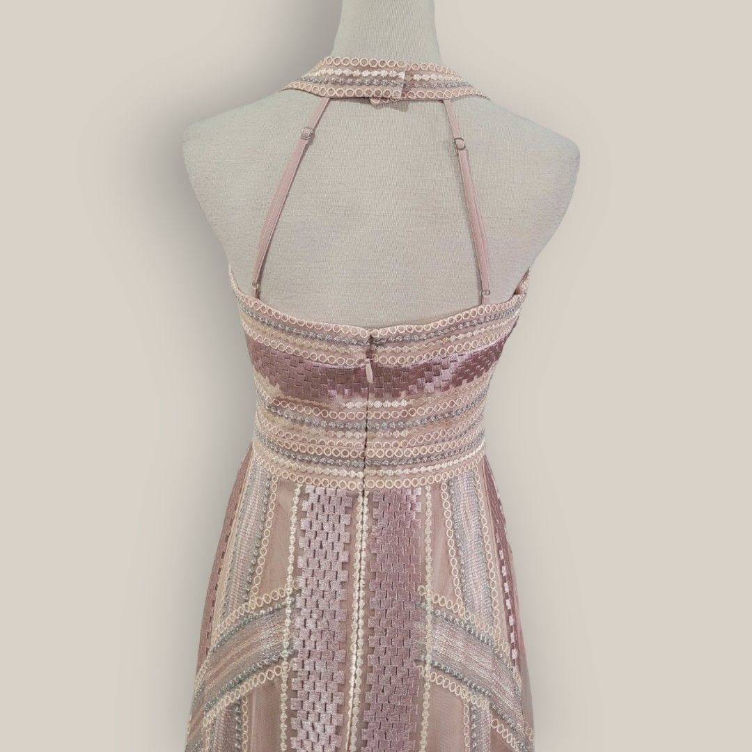 BCBGMAXAZRIA Bare Pink Gold Halter Handkerchief Evening Dinner Dress . Size S