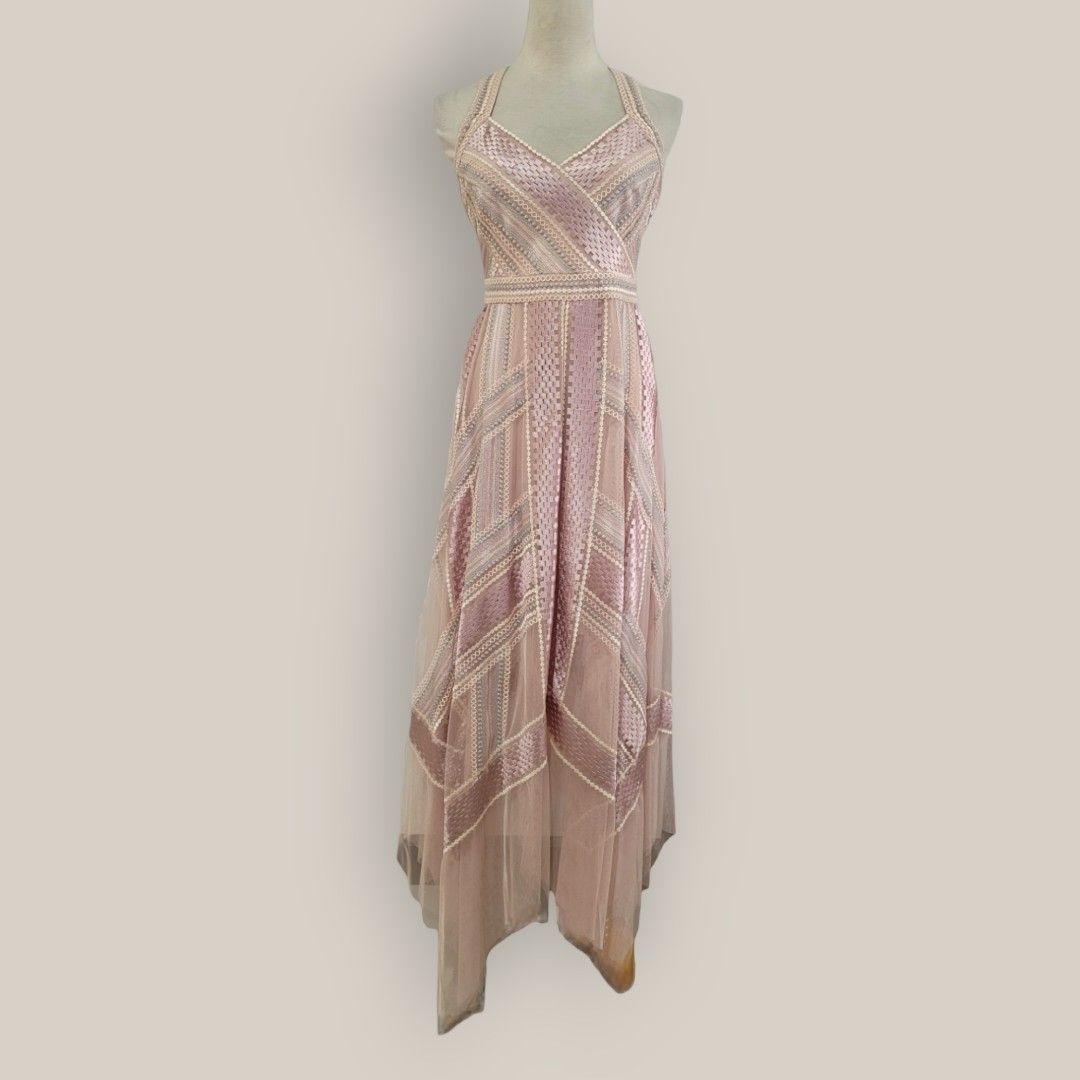 BCBGMAXAZRIA Bare Pink Gold Halter Handkerchief Evening Dinner Dress . Size S