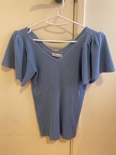 Blue flutter sleeve ribbed top
