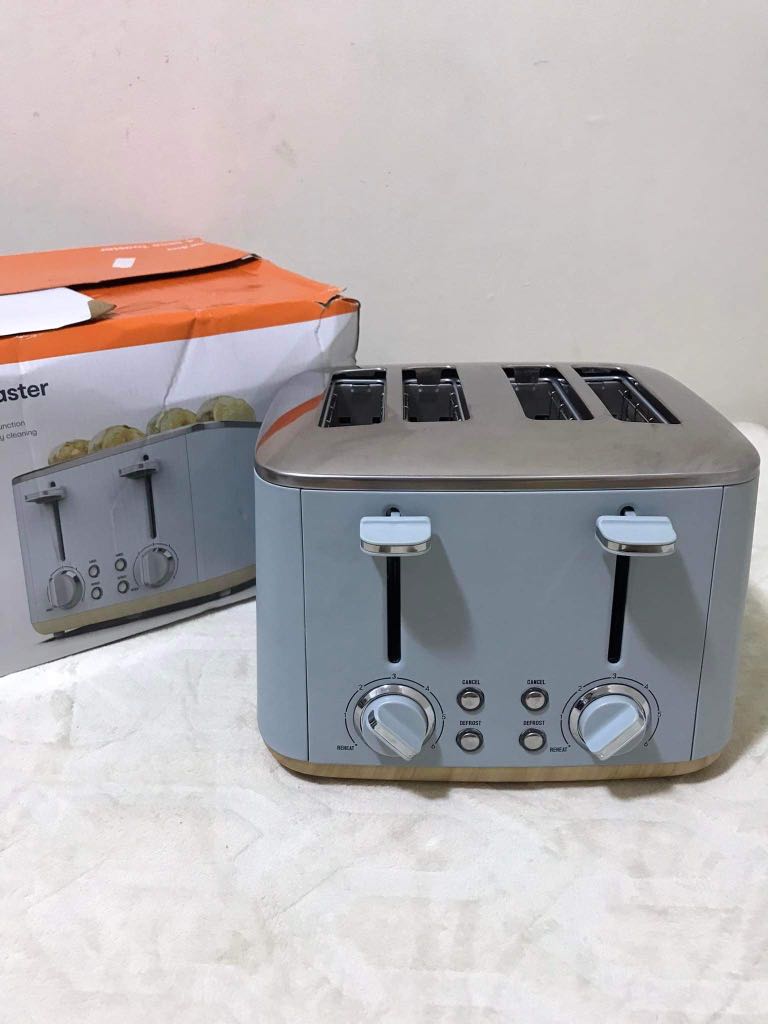 Branded 4 Slice Bread Toaster Pastel Greyish Blue with Wood Trim on