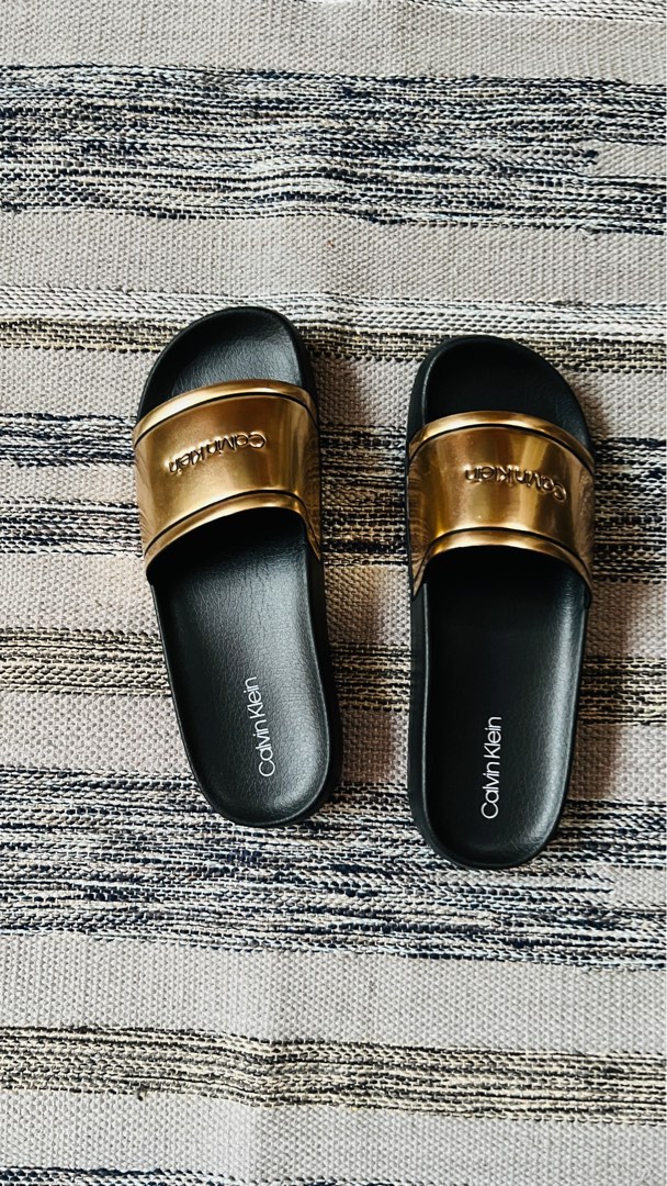 Calvin Klein Sandals Slippers Slides Size 9M Gold, Women's Fashion,  Footwear, Slippers and slides on Carousell