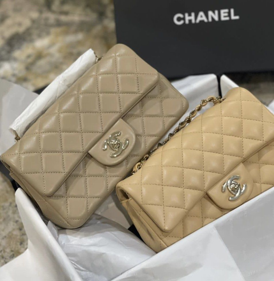 Chanel mini rectangular dark beige/taupe, Luxury, Bags & Wallets