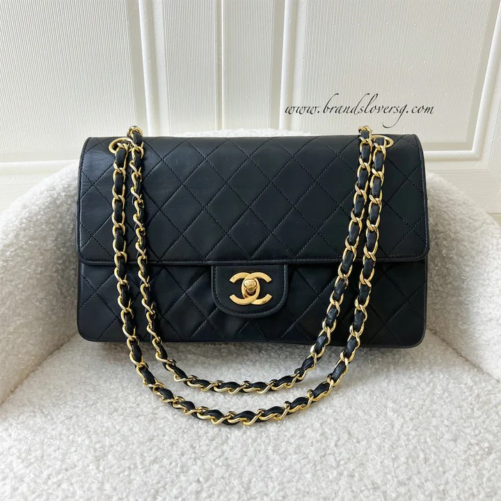 Chanel Vintage Straight Flap Bag in Black Lambskin and 24K Plated