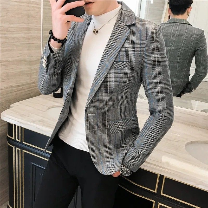 men Checkered blazer jacket men suit size M 3xl