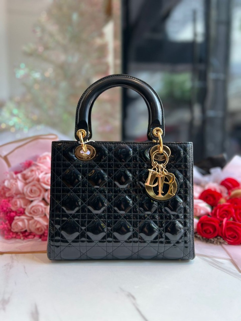 Christian Dior Medium Lady Dior Bag Black Patent Cannage Calfskin