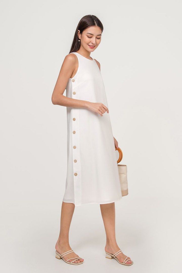 Fayth Anette Side Button Down Dress In White Womens Fashion Dresses