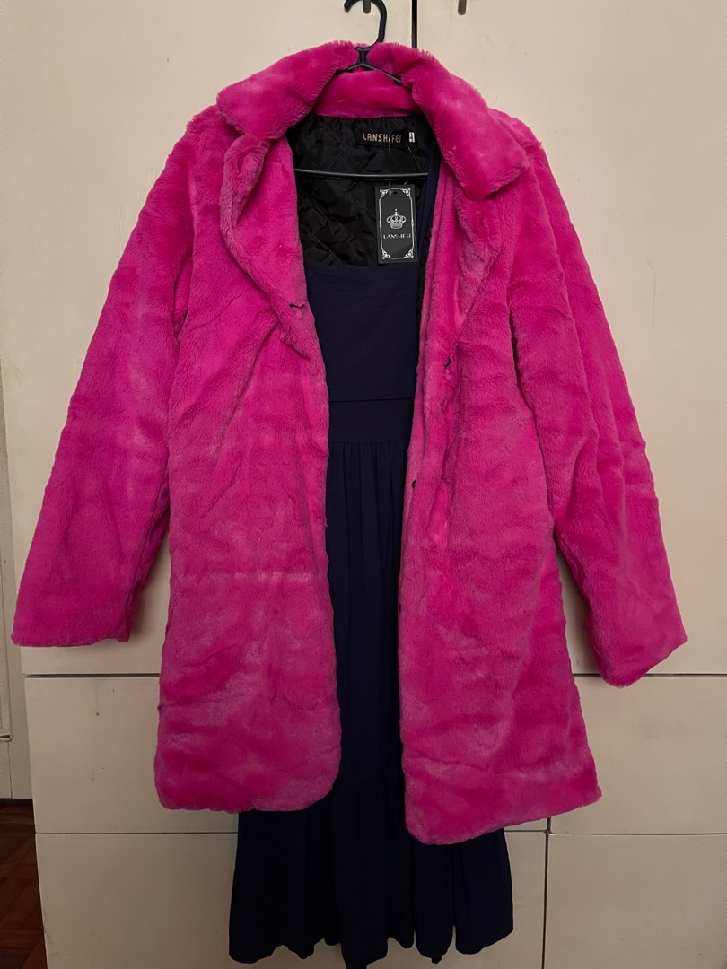 [NEW!] Hot Pink Fur Coat (L) on Carousell
