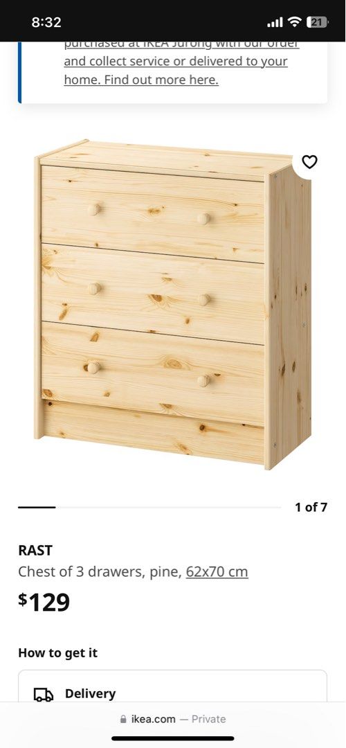 IKEA RAST Chest of 3 drawers, pine, 62x70 cm, Furniture & Home Living