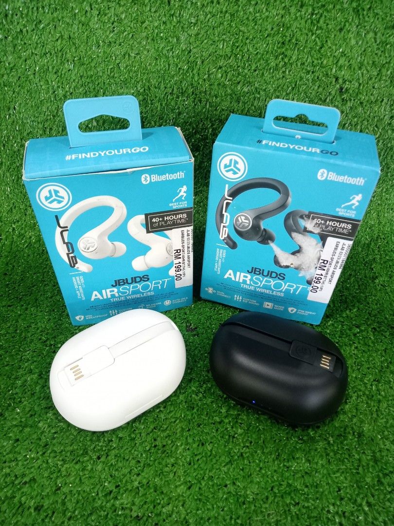 JLAB JBuds Airport Earbuds Sport Bluetooth 5.1 40hrs Playhour IP66 Sweat proof Touch With Charging Case Each Selling At RM199 White Black Colour