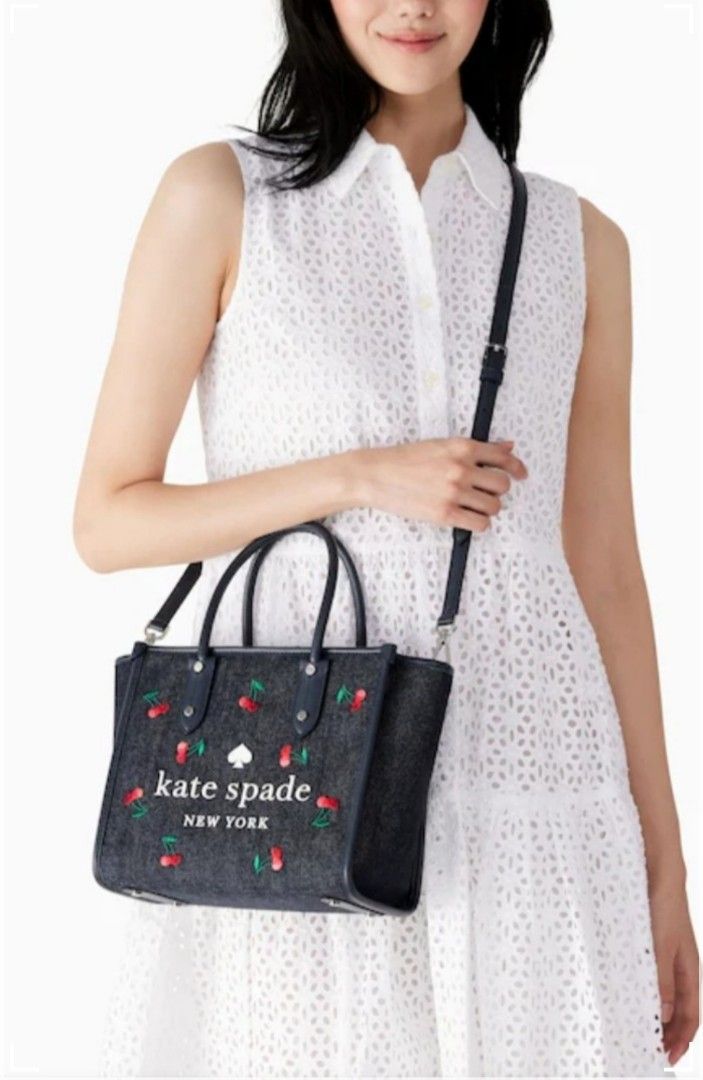 Kate Spade Ella Cherry Embroidered Small Tote Crossbody Denim Blue Multi