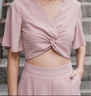 MIKAYLA dusty pink crop top/ Sarah ribbed tank top/ elliana dungaree in state blue