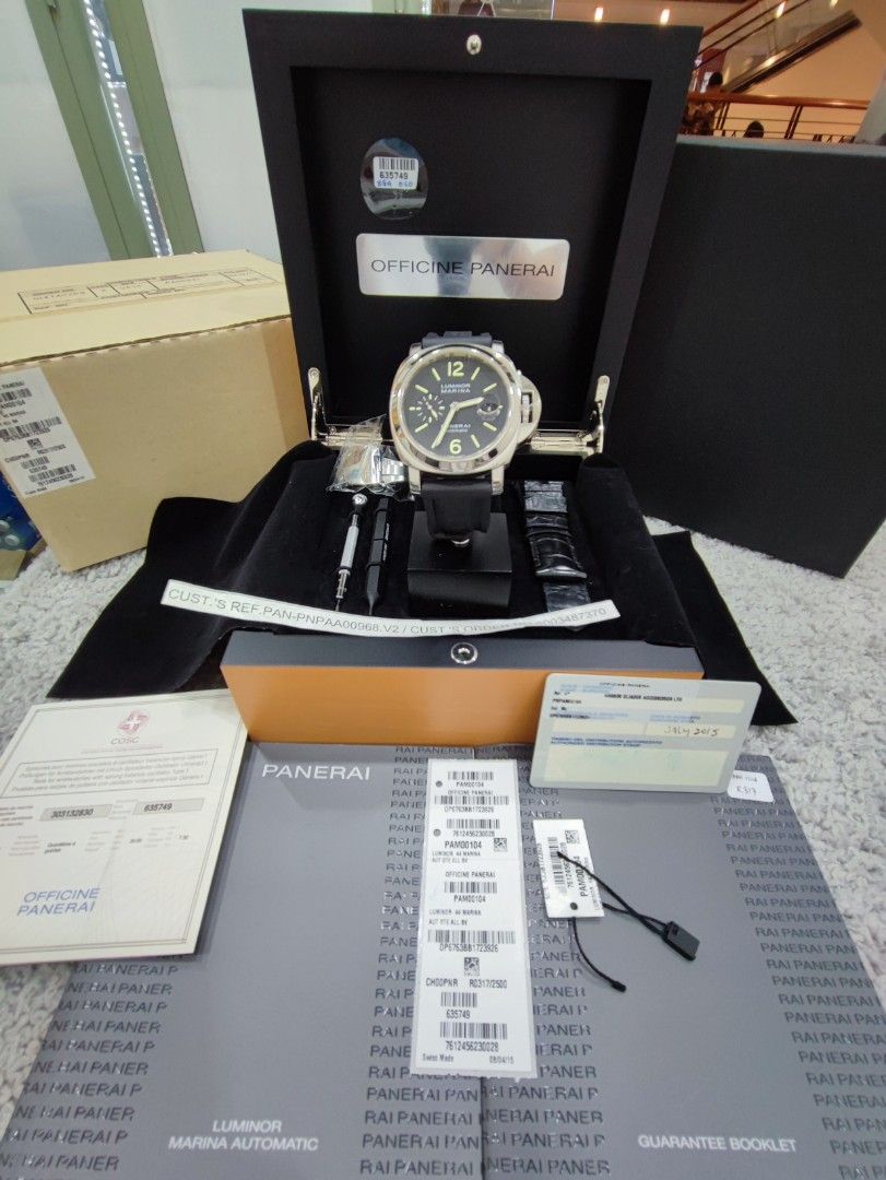 MSKL PANERAI Luminor Marina Date Automatic PAM 104 Black Dial Triple Box Complete Amor Stickers