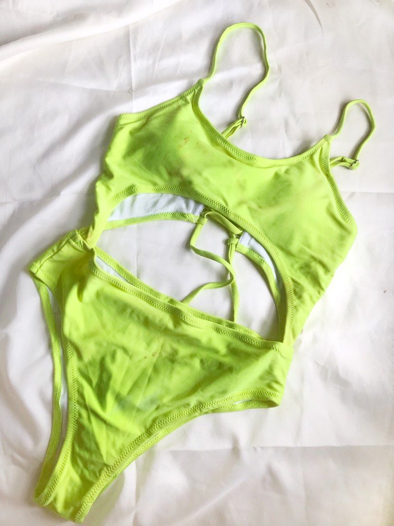 neon green glitter one piece swim suit plunge neckline . s (like new) main image 1