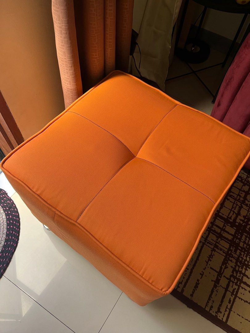 Orange sofa with stool (Category: Sofas) located in Paranaque City. Submitted by abby_e_g (Listing ID 1224222654, Image 2). Description: For Sale: Orange Sofa Chair with matching Stool Set. 8K + SF pm if interested. Thank you!.
