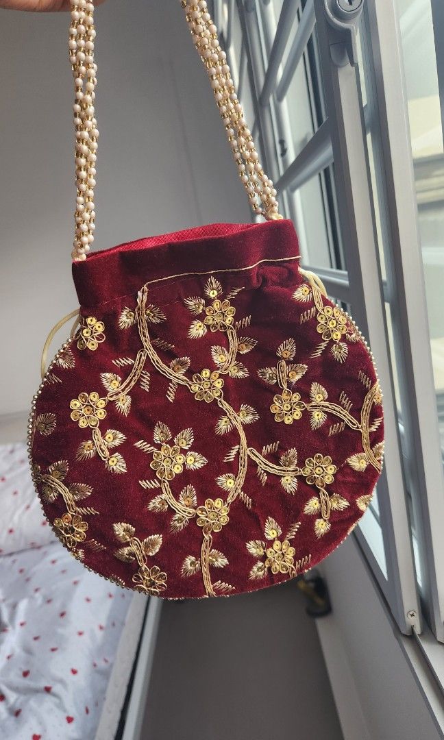 Potli bag maroon velvet Women s Fashion Bags Wallets Clutches