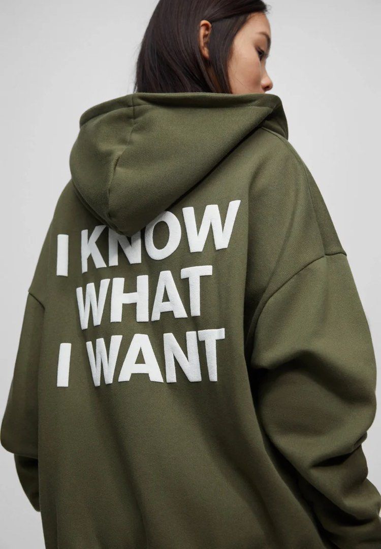 pull and bear i know what i want spellout zip up hoodie pullover khaki y2k vintage thrifted oversized baggy Women s Fashion Coats Jackets and Outerwear on Carousell