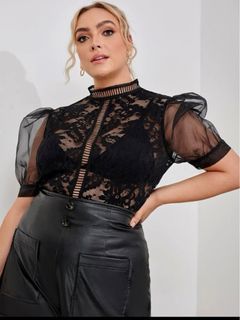 Shein Black Puff Sleeves Lace Top