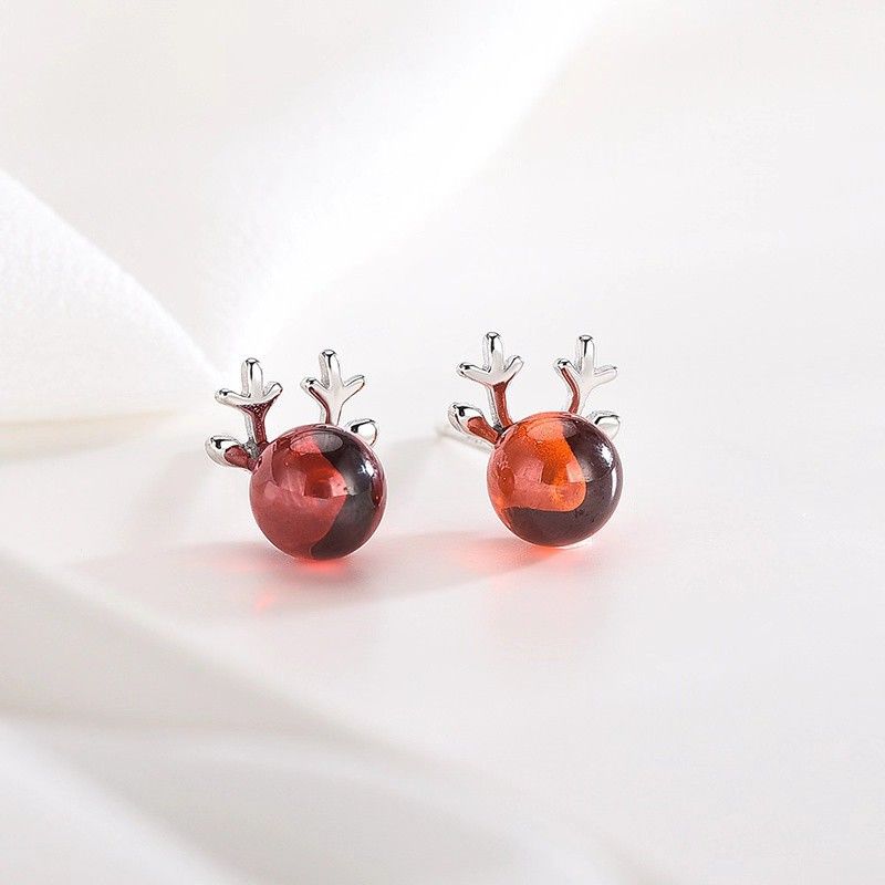 S925 Silver Bright Red Reindeer Stud Earrings Women s Fashion