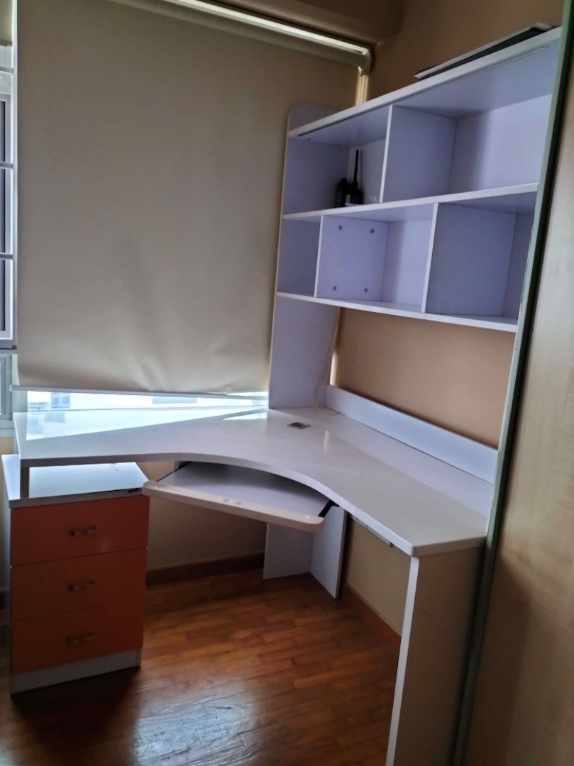 Study Table (Category: Other Home Furniture) located in Singapore. Submitted by jorin3 (Listing ID 1224223676, Image 1). Description: selling pre-used L-shaped computer & study table. heavily used, clearing spare for nursery room. not for fussy buyers, do look at the condition prior commenting. PM for more details. TIA 🌸✅ *Kindly arranged for self transportation & collection. self dismantle needed~ height. x width of table: 1.9m × 121cm Height b