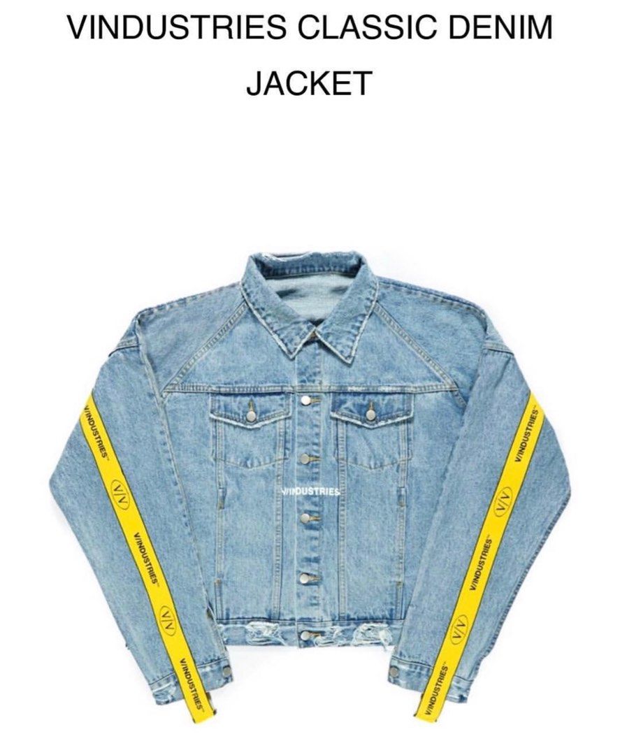 Off white denim jacket yellow tape hotsell