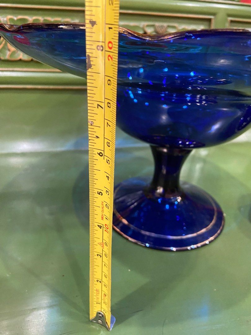 Vintage Cobalt Blue Enameled Footed Glass Bowl And Small Hobbies And Toys Memorabilia