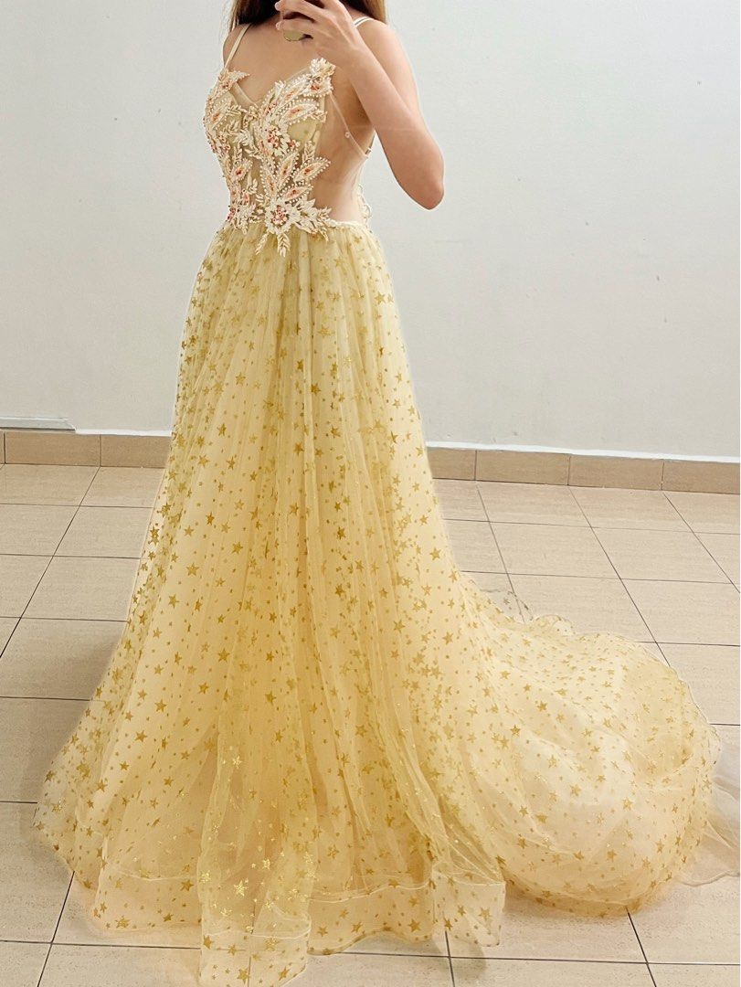 Yellow evening dress starry night gown wedding dress prom dress