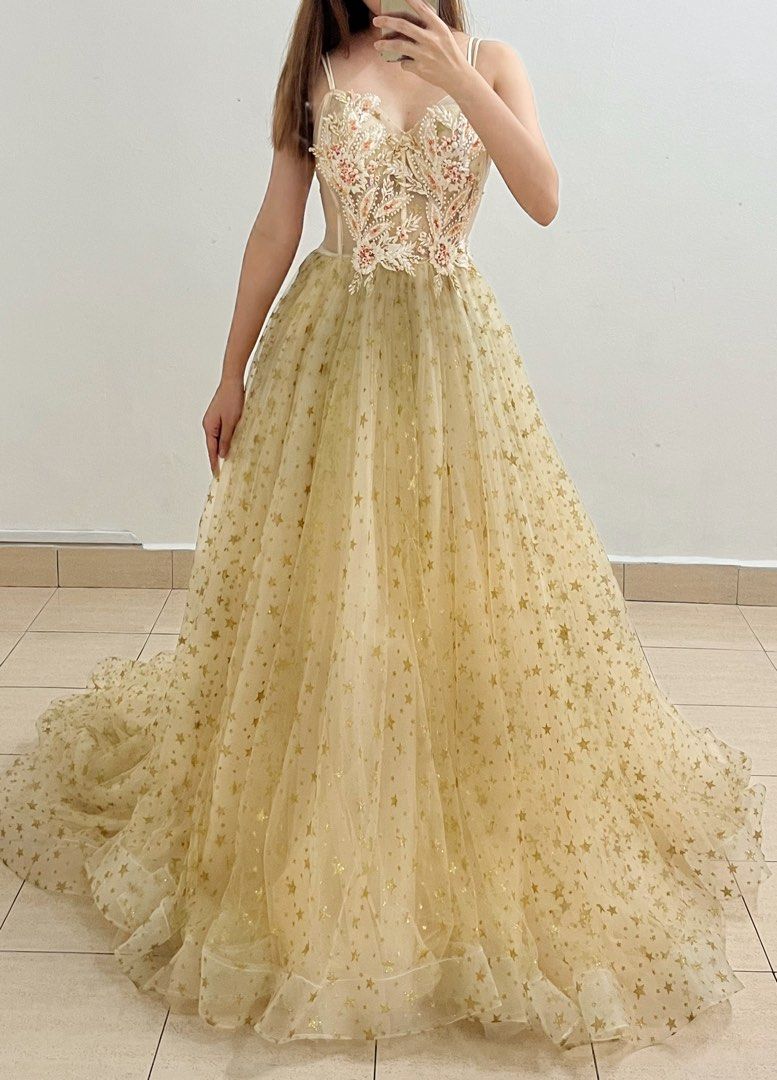 Yellow evening dress starry night gown wedding dress prom dress