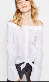 ZARA Off Shoulder White Poplin Shirt with Front Ties
