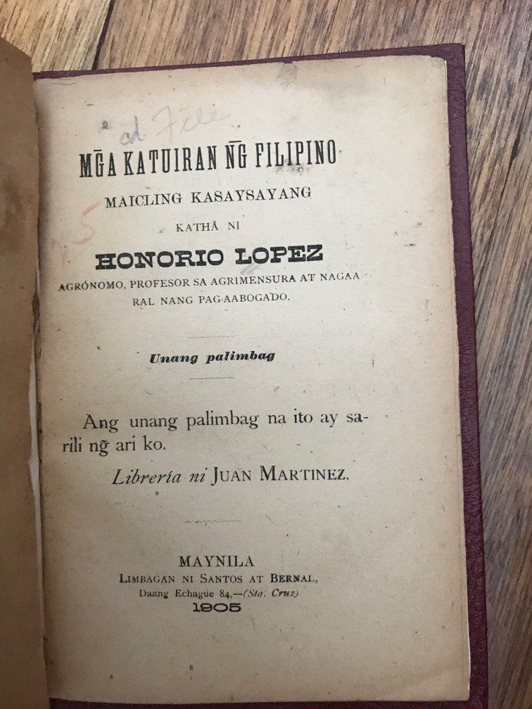 1905 Mga Katuiran ng Filipino maicling kasaysayang katha ni Honorio