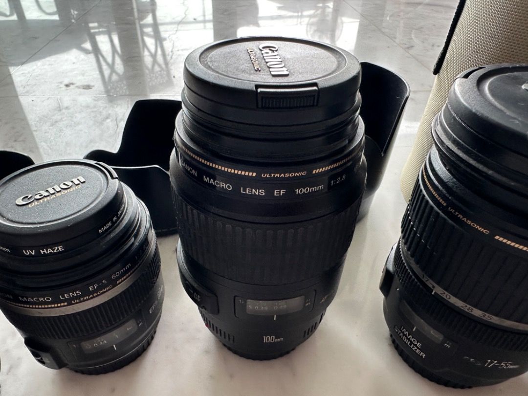 Assortment of canon lenses 70 200 17 55 100 macro 60 macro 50