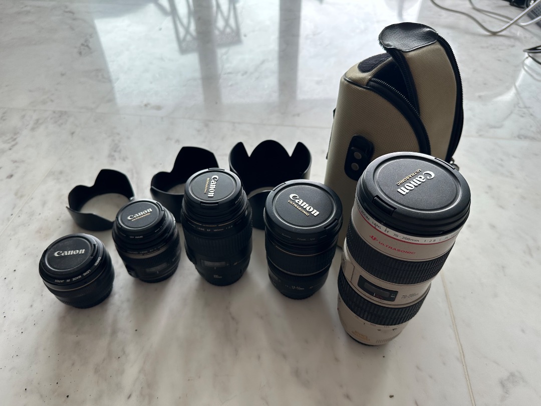 Assortment of canon lenses 70 200 17 55 100 macro 60 macro 50