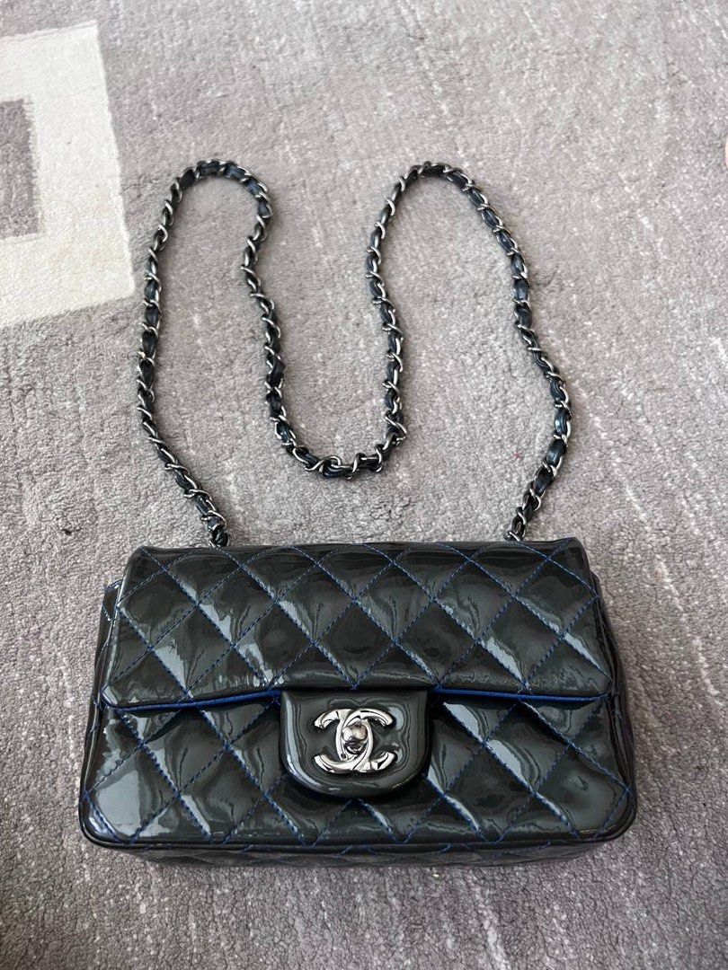 Auth Chanel CF Single Flap Olive Blue 2.55 Patent Leather Mini Flap