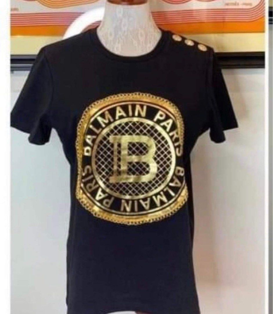 Balmain Black Shirt with Gold Logo and Accent, Women's Fashion, Tops