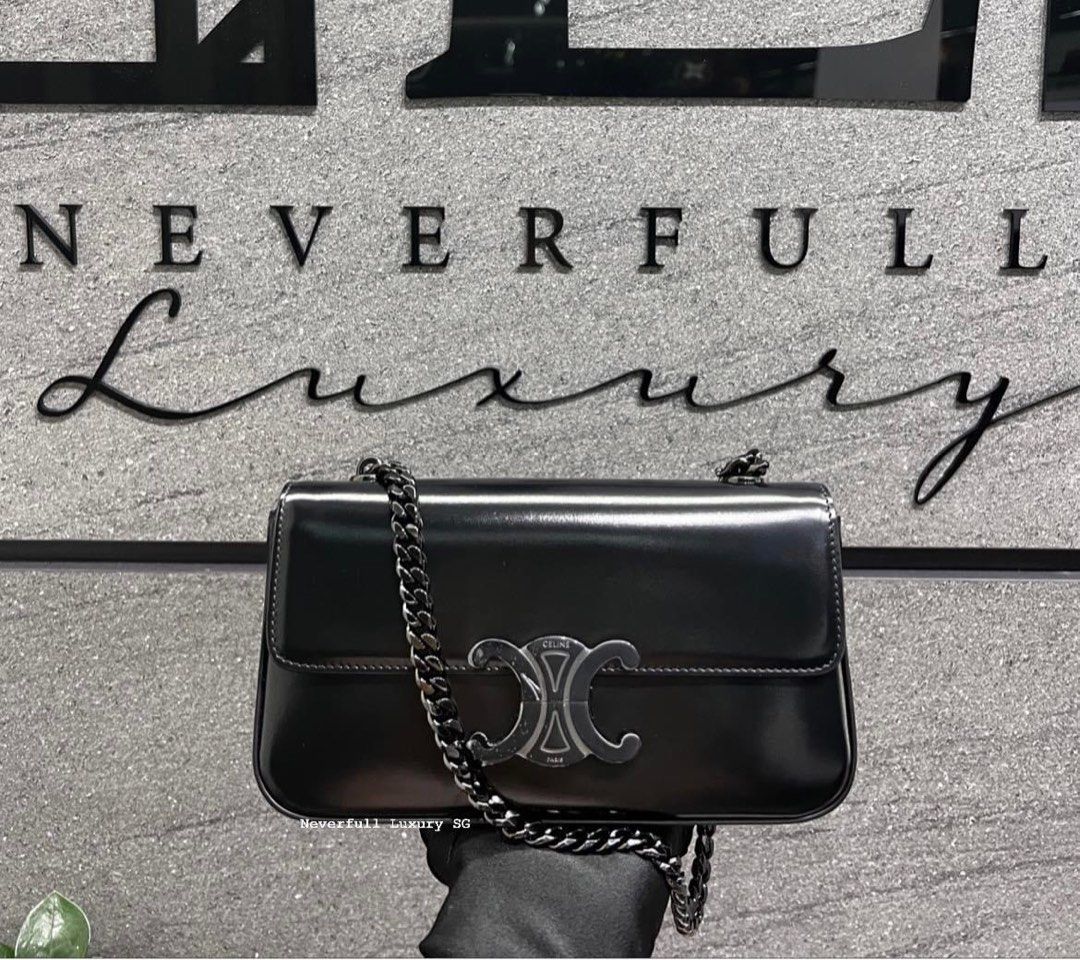 Celine Triomphe Chain Shoulder Shiny Black Calfskin So Black Hardware
